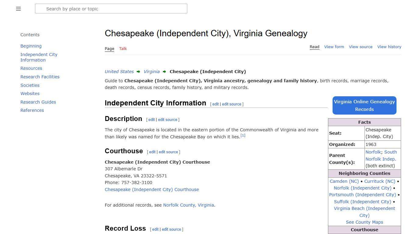 Chesapeake (Independent City), Virginia Genealogy • FamilySearch